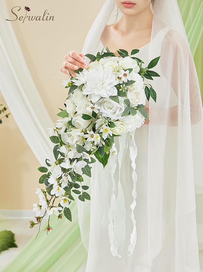 Serwalin 11Inch Bridal Bouquet White Green Wedding Bouquets for Bride Bridesmaid Artificial Wedding Flowers for Wedding Ceremony Anniversary