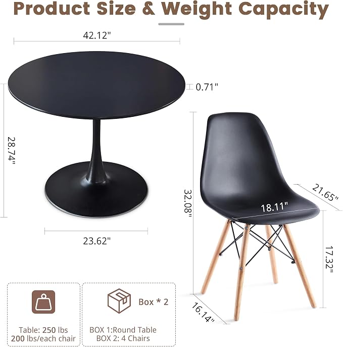 5-Piece Round Dining Table Set,42" Mid-Century Modern Kitchen Table with 4 Chairs,Tulip Pedestal Table & Solid Wood Legs,Space Saving Compact Furniture for Small Spaces Apartment Home,Black