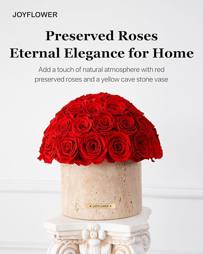 JoyFlower Preserved Flowers Vase, Yellow Cave Stone Flower Vases for Centerpieces, Eternal Flower Decorations for Party Home Living Room Bedroom Coffee Table, Red Flower Vase Unique House Decor