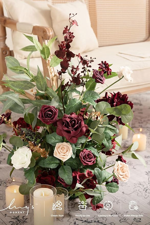 Ling's Moment 41" Tall Fall Free Standing Artificial Flowers Arrangements 2pcs Wedding Arch Altar Stage Decorations Romantic Marsala For Ceremony Reception Rose Floral Party Outdoor Centerpieces Decor