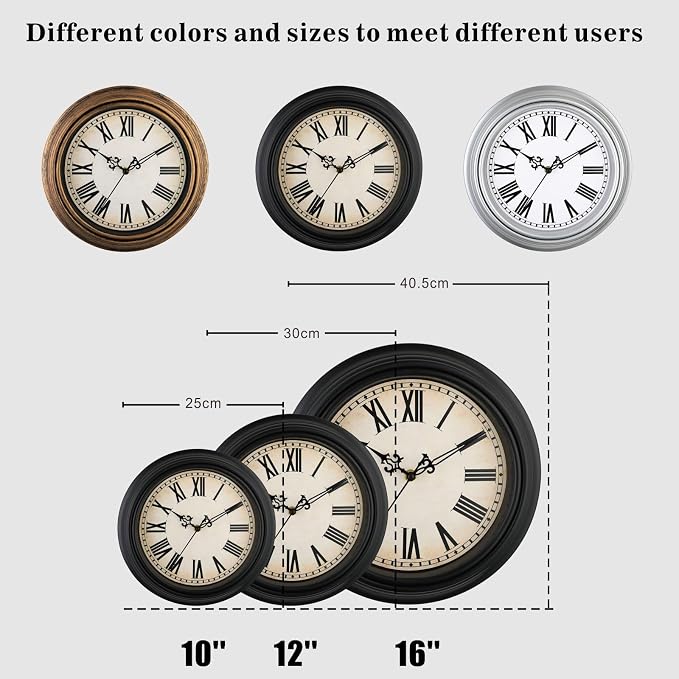 Plumeet Small Retro Wall Clock, 10'' Non Ticking Classic Silent Vintage Wall Clocks Decorative Kitchen Living Room Bedroom, Roman Numerals, Battery Operated, Black