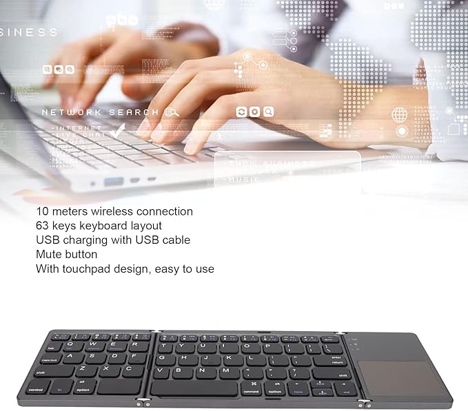 Wisoqu Foldable Keyboard with Touchpad, 3 Folding Wireless Keyboard 63 Keys 10m Connection USB Charging, for iOS for Laptop Tablet Smartphone (Dark Gray)