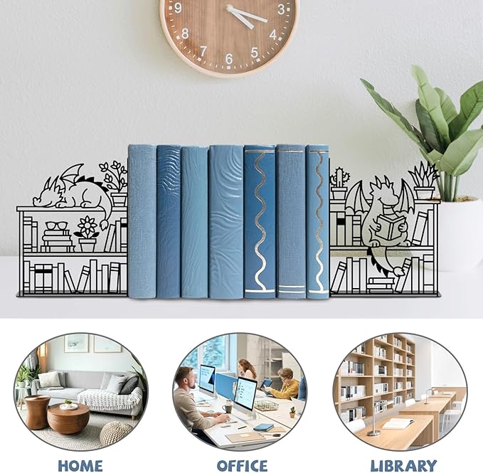 Metal Decorative Bookend Unique Dragon Bookends Decorative Cute Book Ends for Shelves Bookshelf Home Office Desk Bookshelf Decor Gift for Reading Enthusiasts