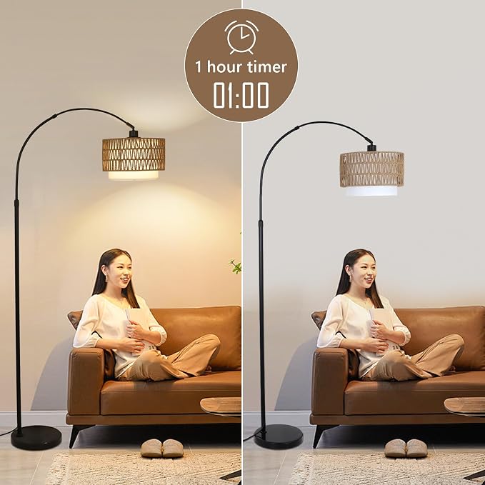 eyassi Arc Floor Lamp with Remote, Modern LED Floor Lamp with Dimmable Bulb, Boho Farmhouse Standing lamp with Fabric & Rattan Lampshades, Height Adjustable Black Tall Lamp for Living Room Bedroom