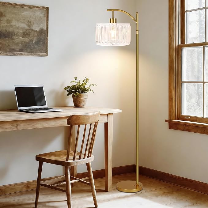 QIYIZM Glass Floor Lamp for Living Room,Bedroom,Gold Dimmable Standing Lamp with Remote,Brass White Tall Lamp Boho Mid Century Modern Floor Lamps Arc Floor Light Lamp Girls Kids Bohemian