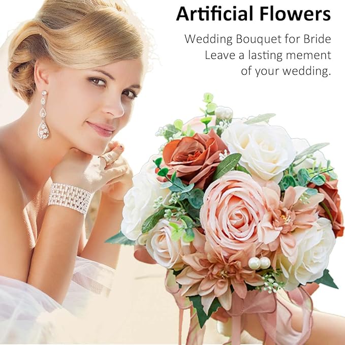 CYANLUX Wedding Bouquets for Bride Bridesmaid Bouquet Champagne White Artificial Roses Flowers for Wedding Valentine's Day Church Home Decoration… (Pink)