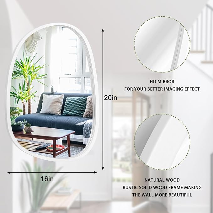 Asymmetrical Mirror Irregular Wall Mirror Oval Wood Frame Wall Mirror for Bathroom Wall Mirrors Decorative for Bedroom Living Room Entryway Hallway Unique Hanging Mirror White