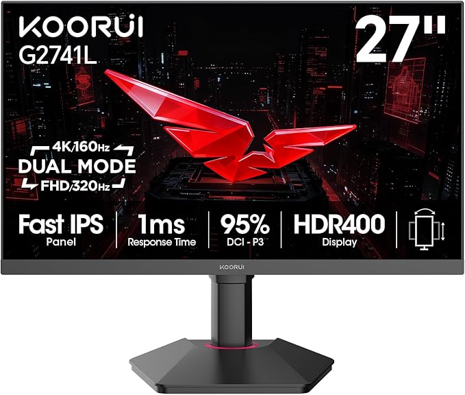 KOORUI 27 Inch 4K Gaming Monitor, Dual Mode(UHD 160Hz / FHD 320Hz), Fast IPS 2160p PC Monitor, 95% DCI-P3, HDR400, Eye-Care, Height/Pivot/Tilt Adjustability, VESA Mountable，HDMI 2.1/DP 1.4, G2741L