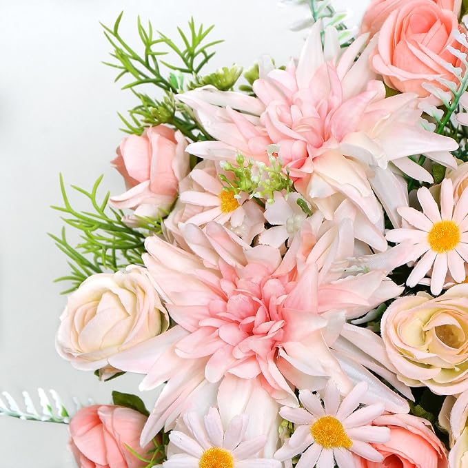 4PCS Artificial Flowers Dahlia Bouquet Fake Flowers Pink Silk Roses Daisies Faux Floral Arrangements for Dining Table Centerpieces for Kitchen Bridal Bouquet Wedding Party Home Decor