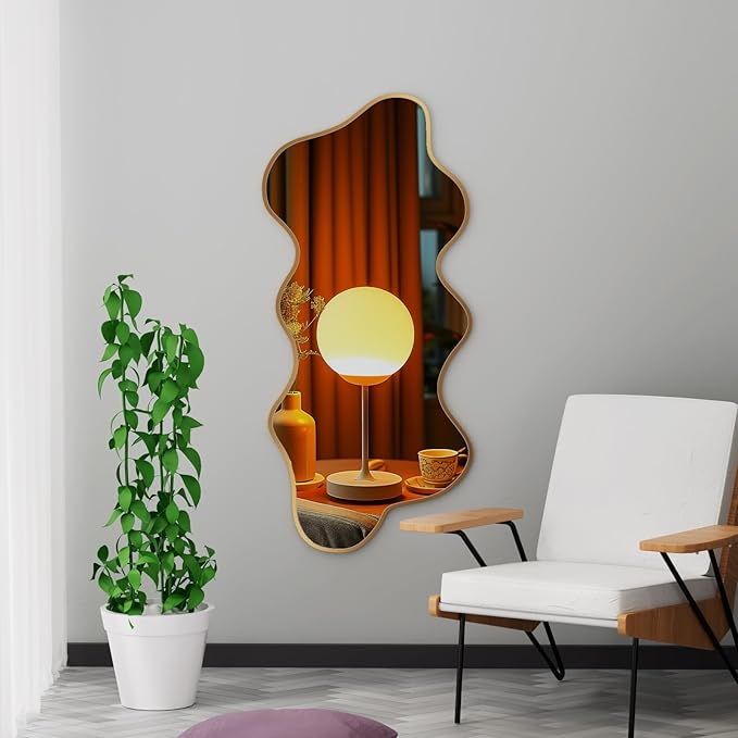Irregular Wall Mirror Wavy Asymmetrical Shaped Aluminum Alloy Framed Big Unique Full Length Mirror for Living Room Bathroom Bedroom Entryway Fireplace (Gold, 47"x21")