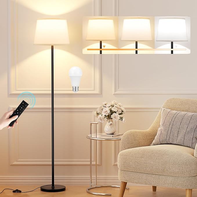 Raexpectis Modern Floor Lamp with Adjustable Brightness, Remote Control, Black, LED Bulbs, White Shade, Foot Switch, Easy Assembly