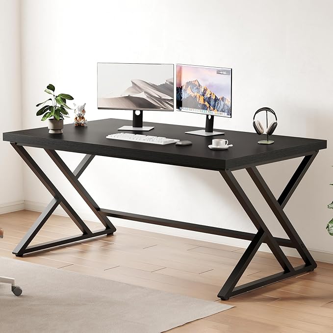 LVB Black Computer Desk, Modern Gaming PC Writing Desk for Home Office, Metal Computer Study Work Table for Bedroom, Industrial Executive Student Simple Workstation Desk, 55 in, Black Oak