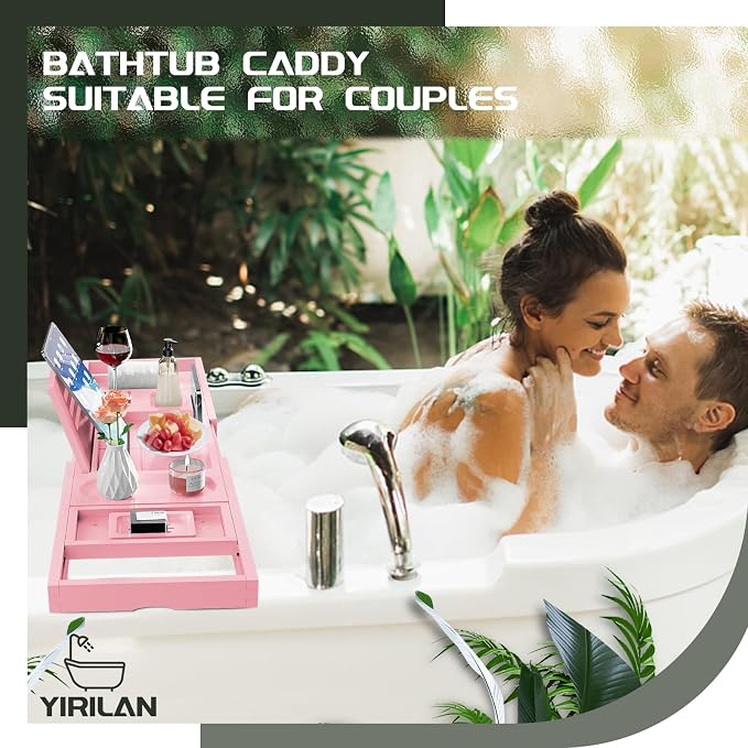 Premium Bathtub Tray Caddy, Expandable Bath Tray, Unique House Warming Gifts, New Home, Anniversary and Wedding Gifts for Couple, Pink