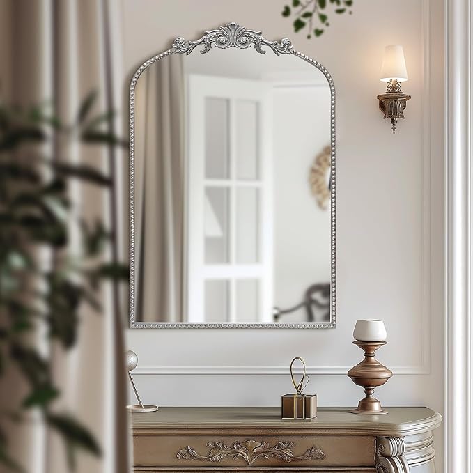 Antique Silver Arch Wall Mirror, 24"x36" Traditional Vintage Mantel Mirror with Ornate Metal Frame, Baroque Home Decor for Fireplace/Entryway/Bathroom/Living Room/Hallway
