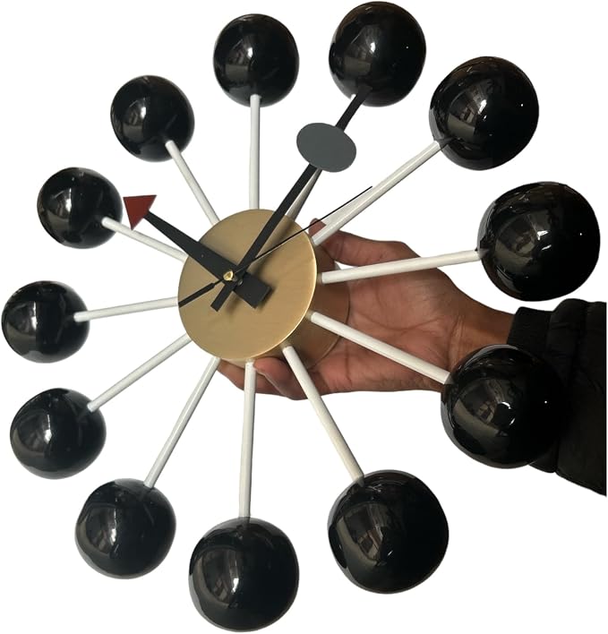 Mid Century Modern Ball Clock – George Nelson Style Wooden Wall Clock, Retro Starburst Design, Silent Non-Ticking Decorative Wall Decor for Living Room, Office, Kitchen & Home (Black, 12 Inch)