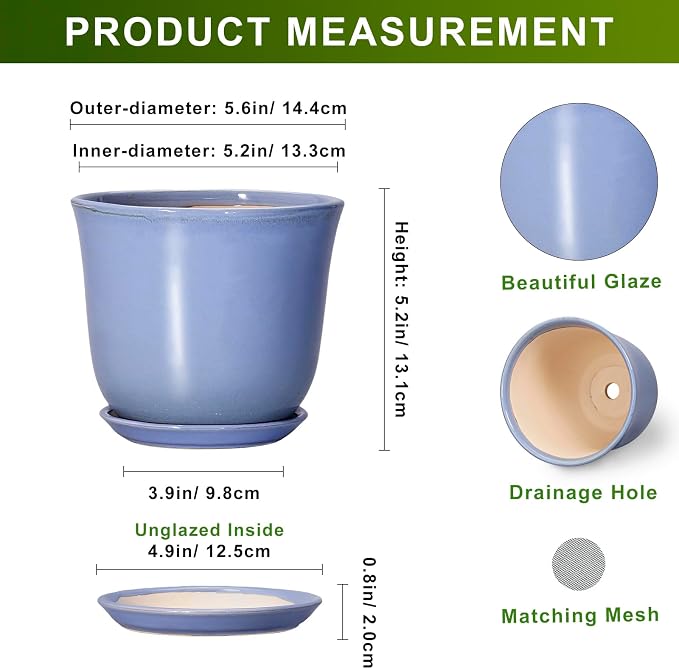 Ceramic Plant Pots - 5.6 Inch Plant Pot for Indoor Outdoor, Round Planters with Drainage Hole and Saucer, Modern Orchid Succulent Pots, Patio Room Decor, House Warming Gifts, Purple-Blue