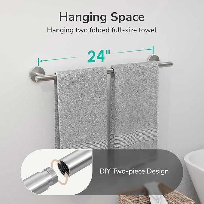 USHOWER Brushed Nickel Towel Bar, 24-Inch Towel Rack for Bathroom Wall Mounted, Thicken SUS304 Stainless Steel Towel Rod Modern Home Decor (Total Length 26-Inch)