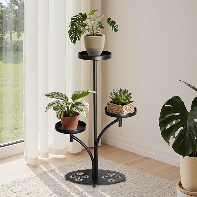 3 Tier Metal Plant Stand Indoor Outdoor, Tall Black Plant Shelf, Heavy-duty Base in the Shape of a Four-leaf Clover, Tiered Modern Corner Shelf, Suitable for Courtyard, Patio, Living Room, Bedroom