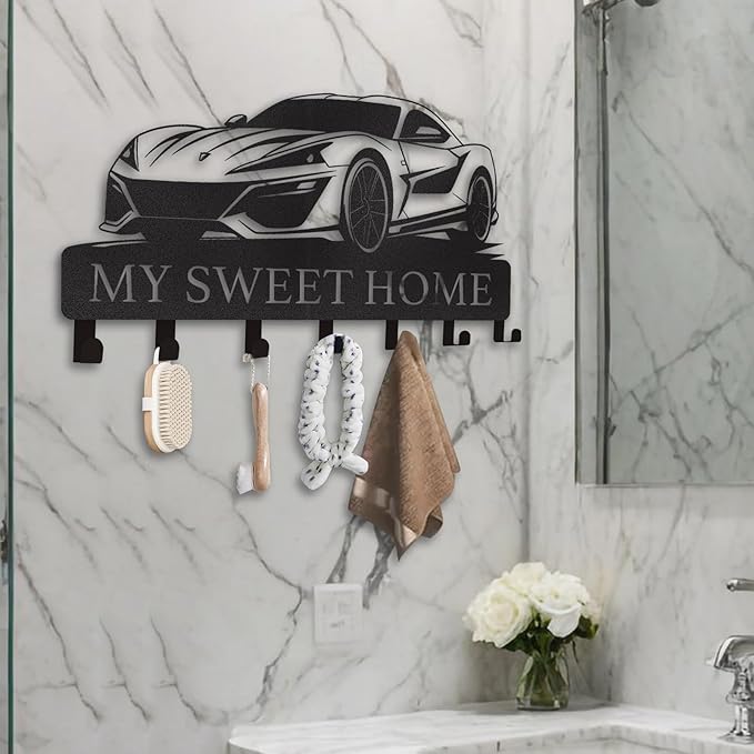 Personalized Metal Key Holder Wall Mount with Hooks, Decorative Car Design Key Hanger for Front Door, Entryway, Hallway, Office