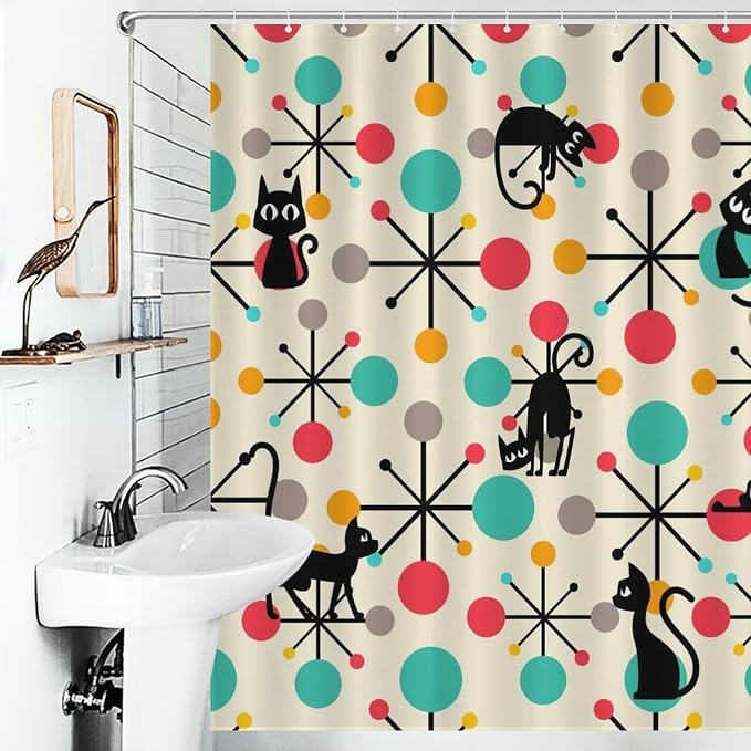 Mid Century Modern Cat Shower Curtain,Abstract Atomic Starburst Geometric Diamond Pattern Shower Curtains Set for Bathroom Fabric Decorative Bath Curtain Washable Curtain Hooks, 72x72 inch