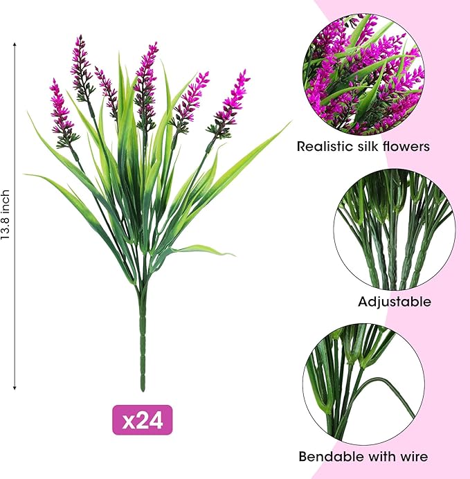 Ouddy Decor 24 Bundles Artificial Flowers for Outdoors, Fake Lavender Flowers Monkey Grass Faux Plastic Plants Shrubs UV Resistant for Porch Garden Window Box Office Home Decorations, Fuchsia