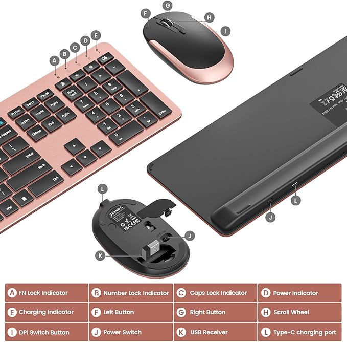 seenda Rechargeable Wireless Keyboard Mouse Combo Full Size Cordless Keyboard & Mouse Sets with Build-in Lithium Battery Ultra Thin Quiet Keyboard Mice (Rose Gold & Black)