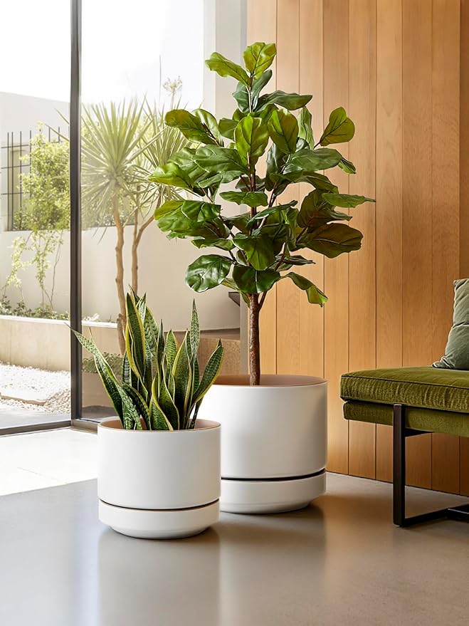 LE TAUCI 12 Inch Pot for Plants with Saucer, Ceramic Indoor Planter Pot with Drainage Hole, Mesh Pad & Plug Included, Matte Glazed Outside, Modern for Home and Office, Alpine White & Ochre
