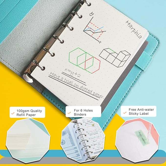 A7 Planner Refill,4 Pcs per Set, Dot Mattrix Paper, with Label Stickers Gift,Mini Binder Refills for 6 Ring Mini Planners,6 hole/100gsm Thick Paper/4.84 x 3.23'', Harphia