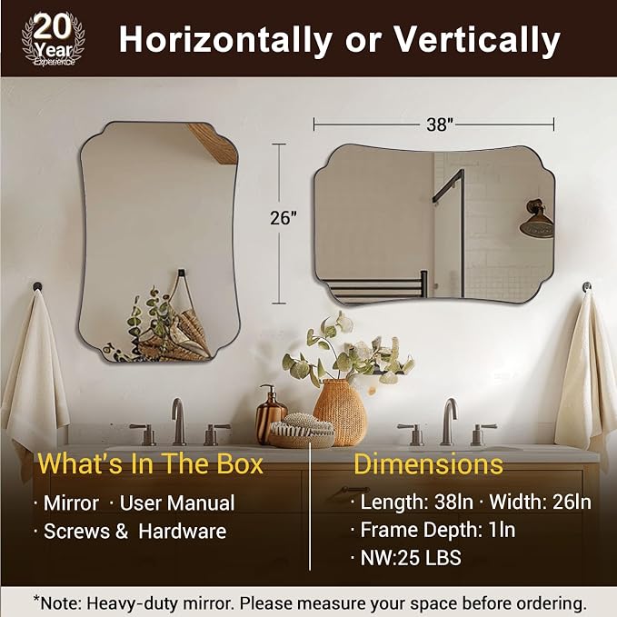 ANDY STAR Matte Black Mirror 26x38 Inch, Scalloped Wall Mirror, Unique Rectangular Bathroom Mirror in Premium Stainless Steel Metal Frame 1’’ Deep, Hangs Vertically/Horizontally
