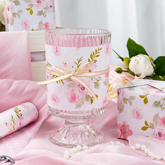 Burymento Pink Flower Wrapping Paper, Reversible Pink Wave Point Gift Wrap for Birthday, Valentines, Mothers day, Graduation, Wedding, Fathers day, Baby Shower, Christmas (17in x 32.8ft)