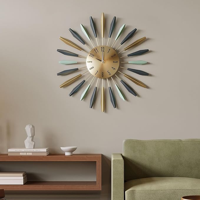 Cuspin Mid Century Modern Wall Clock, 22 Inch Large Metal Wall Clock for Living Room Decor, Colorful Sunburst Starburst Decorative Clocks Silent Battery Operated for Kitchen Bedroom Office