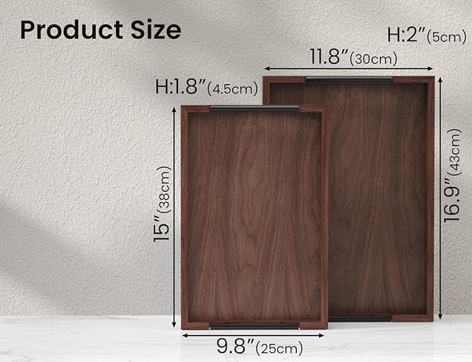 Fibogollo Walnut Wood Set of 2 Serving Tray with Metal Handles,Ottoman Decorative Trays Platter for Coffee Table,Living Room,Bar
