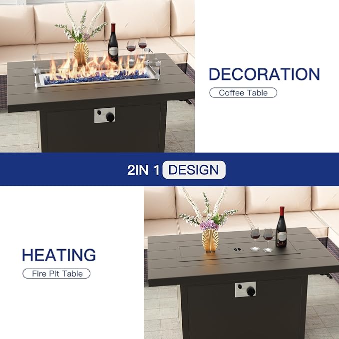 Kullavik 45" Propane Fire Pit Table,55000 BTU Auto-Ignitiongas Gas Fire Table with Fire Glass and Lid,Waterproof Cover and Blue Glass Stone for Patio,Balcony,Garden