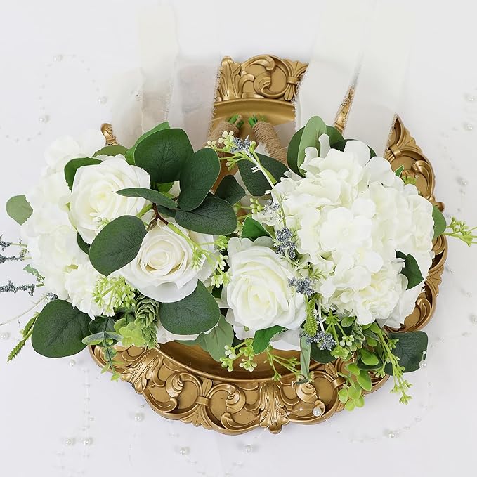 Set of 2 Bridesmaid Bouquets for Wedding - Silk Artificial Ivory Bridesmaid Flowers, Pre-Made Roses Sage Green Boho Bridal Floral for Bride Party Ceremony Anniversary Decoration - 9inch
