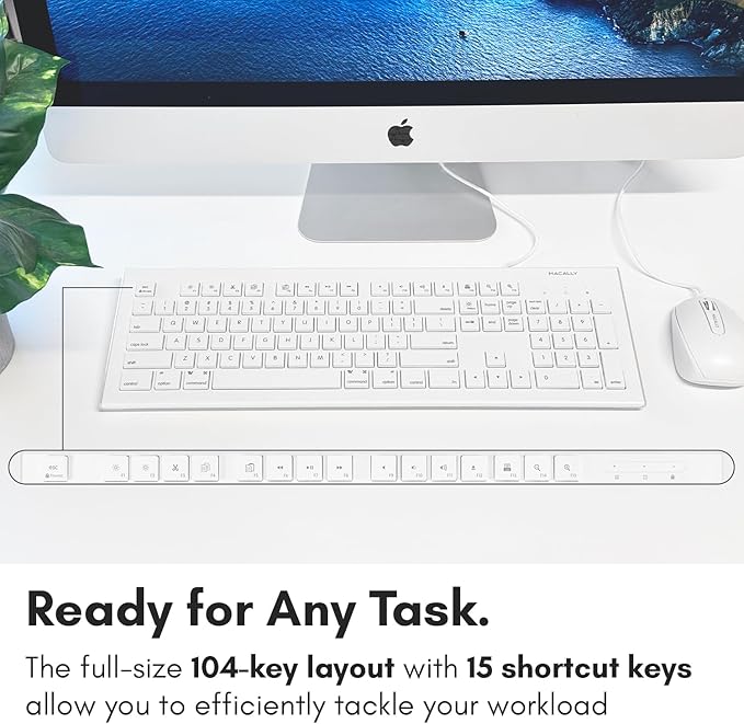 Macally 104 Key USB Wired Keyboard and Mouse Combo with Apple Shortcut Keys for Mac, iMac, Macbook, and Windows PC (MKEYECOMBO), White