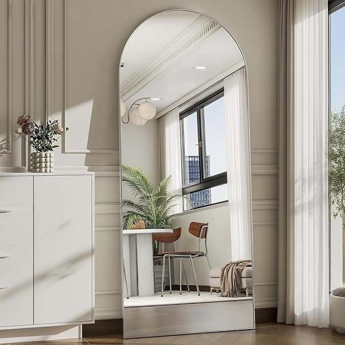 Dewfig Arched Full Length Mirror, 64''x21 Large Floor Mirror, Full Body Mirrors for Leaning or Hanging, Standing Mirrors for Bedroom, Living Room,Dressing Room, Aluminum Alloy Frame, Silver