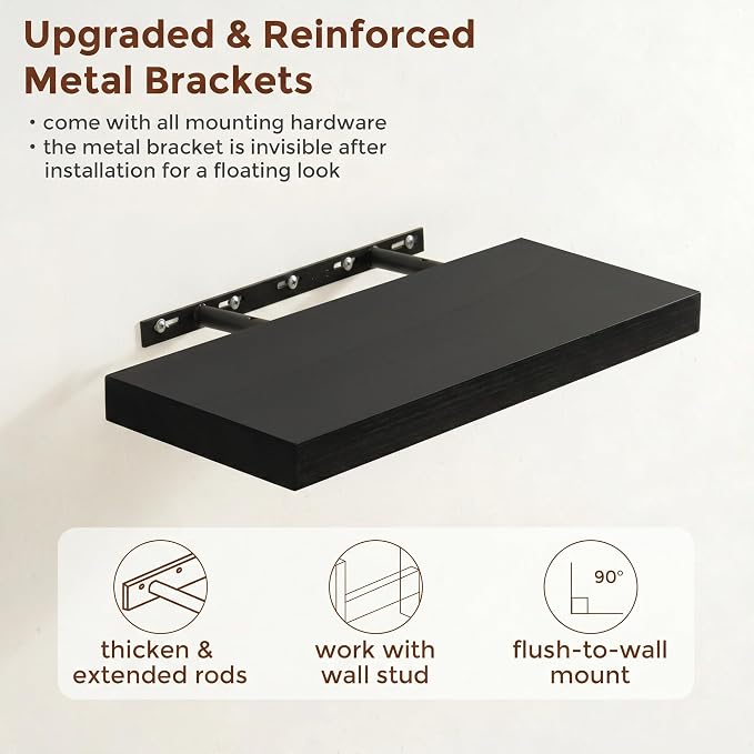 fuqing 20 Inch Floating Shelves | 6.7 Inch Deep Black Shelves for Wall Set of 2 | 20''W x 6.7''D x 1.4''H Black Wood Shelves for Living Room Bathroom Bedroom Kitchen Home Office