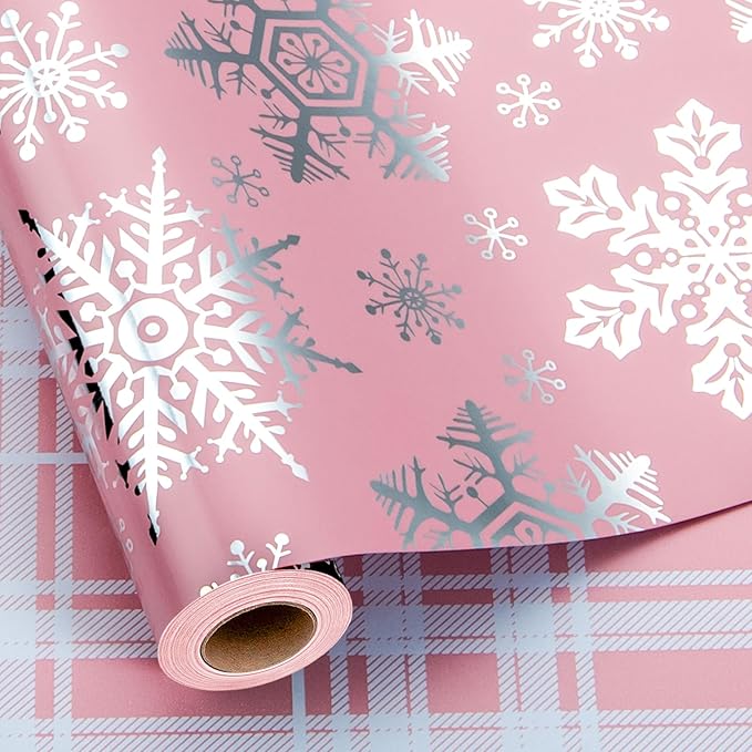 MAYPLUSS Pink Christmas Wrapping Paper, Snowflake Wrapping Paper, Metallic Foil Girly Pastel Snowflake, Plaid Design Christma Gift Wrap for Girl Women Winter Holiday (Mini Roll, 17 Inch X 16.5 Feet)