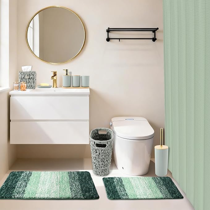 Bathroom Accessories Set, 25PCS Wicker Bathroom Accessory Set with Shower Curtain, Bath Mat, Soap Dispenser, Handwoven Trash Can & Rattan Tissue Box ((Sage Green, Bath Set+Shower Curtain+Rugs)