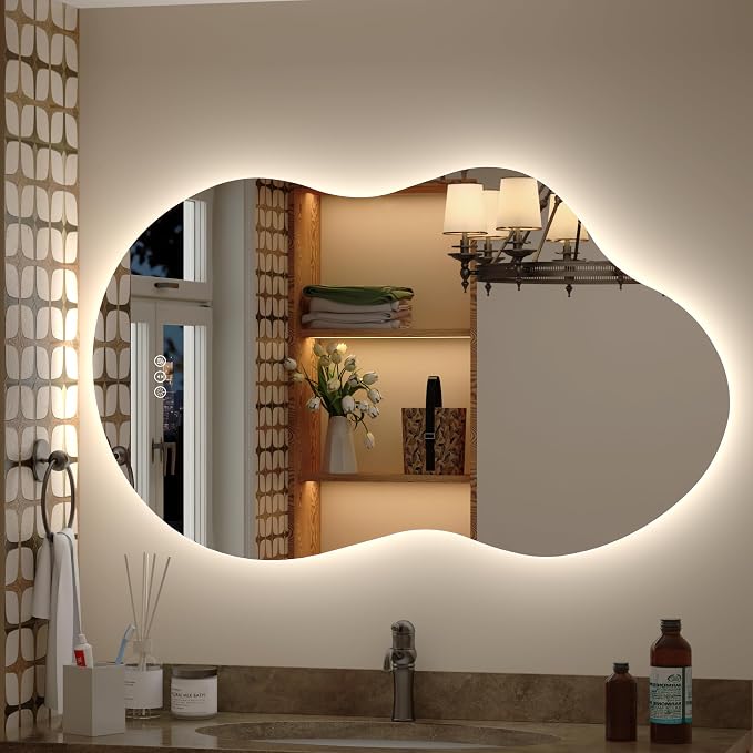 40x24 Inch Irregular Cloud LED Bathroom Mirror, Asymmetrical Backlit Bathroom Vanity Mirror, Anti-Fog, Dimmable, 3 Colors, Memory, Shatterproof (Horizontal/Vertical)