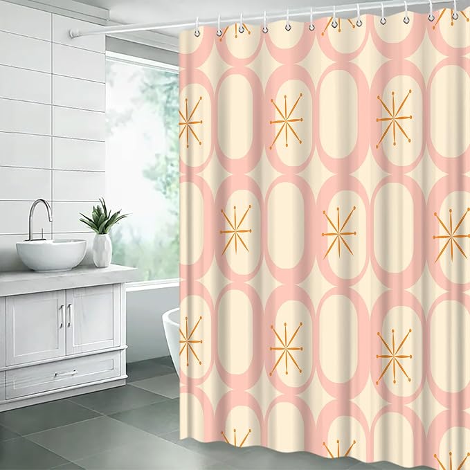 Mid Century Shower Curtain Modern Abstract Atomic Round Squares Retro 50s Geometric Bathroom Decor Polyester Curtains with Hooks