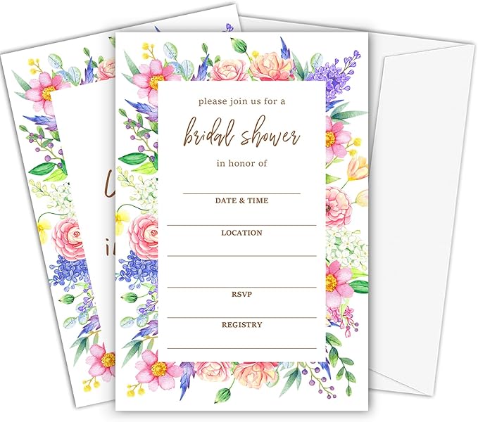 Boho Bridal Shower Invitations, Wildflowers Invites with Envelopes, 4x6 Set of 25 Invite Card for Wedding Shower, Newlyweds, Party Favor & Decorations-A05