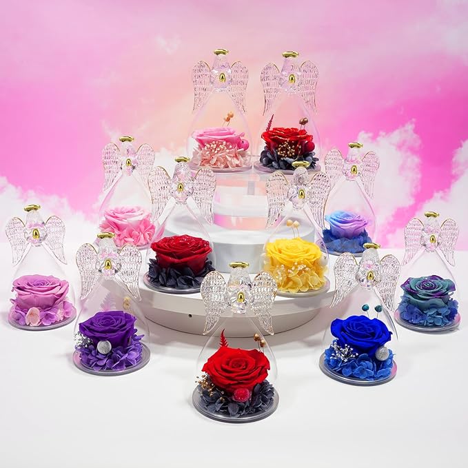 Yamonic Mom Birthday Gifts for Mom, Glass Angel Figurines Forever Real Rose Gifts for Her Women Grandma, Preserved Rose Angel Figurine for Mothers Day Birthday Gifts for Moms from Daughter(Pale Blue)