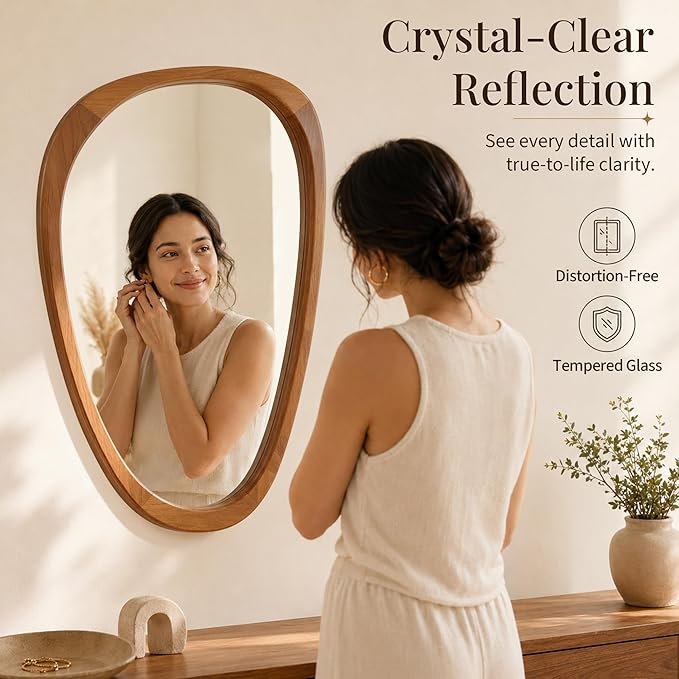 Solid Wood 36"x24" Modern Organic Asymmetrical Mirror, Warm Walnut Irregular Wooden Wall-Mounted Mirror, Sculptural Spa-Like Bathroom Vanity Mirror, Honey Walnut