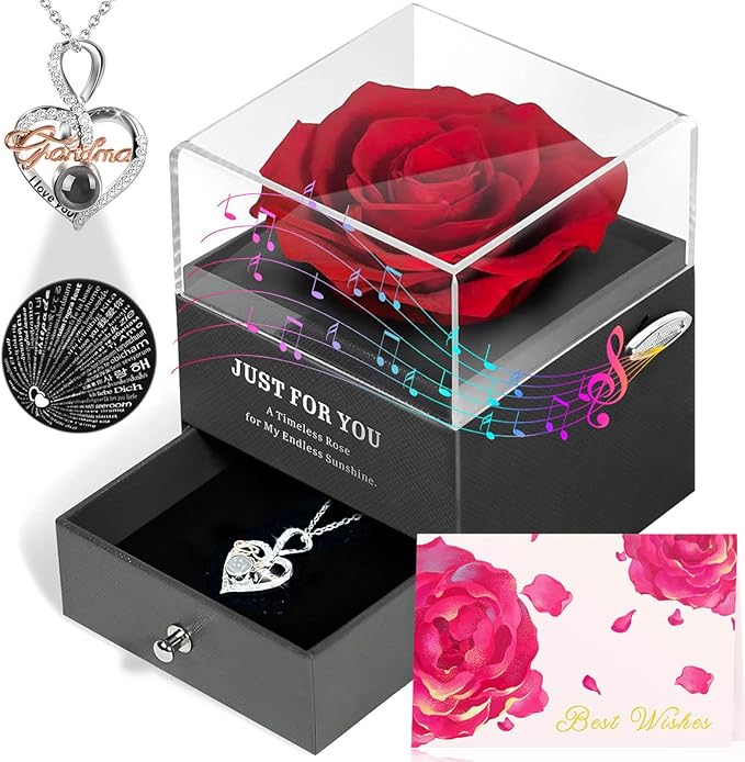 ADDWel Rose Gifts for Grandma Birthday, Unique Preserved Rose Music Box with Silver Grandma Necklace Gift for Grandmother Abuela Nana Bday Christmas Mother's Day from Grandkids, Grandmas Cute Presents