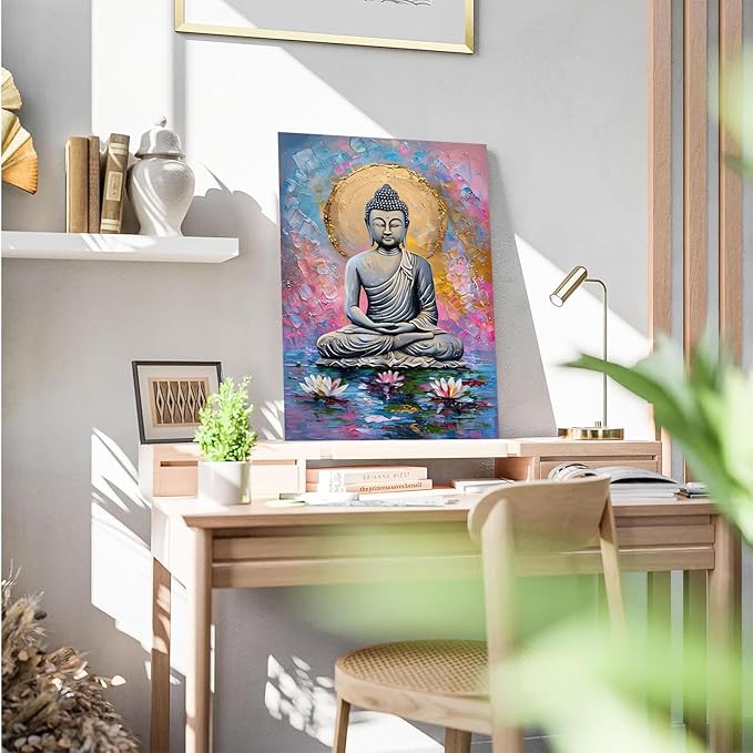Lotus and golden Buddha meditation tranquil zen wall art mindfulness wall art for spiritual harmony and tranquility decor 12x18in Frameless