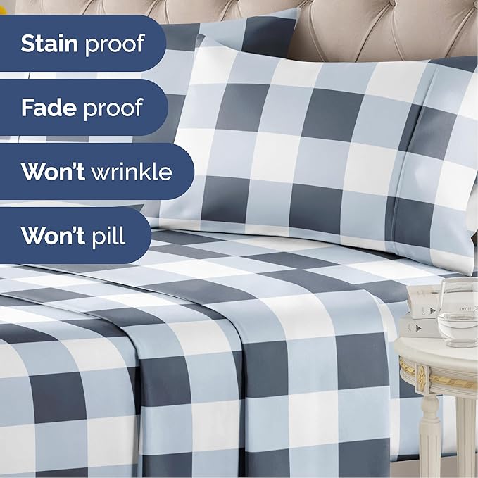 Blue Gingham Bed Sheet Set – 1 Flat & 1 Fitted Sheet & 1 Pillowcase w/ Deep Pockets – Grid, Plaid, Checkered Pattern Bedding - Wrinkle & Fade Resistant - Ultra-Soft, Breathable & Cooling - Twin Size