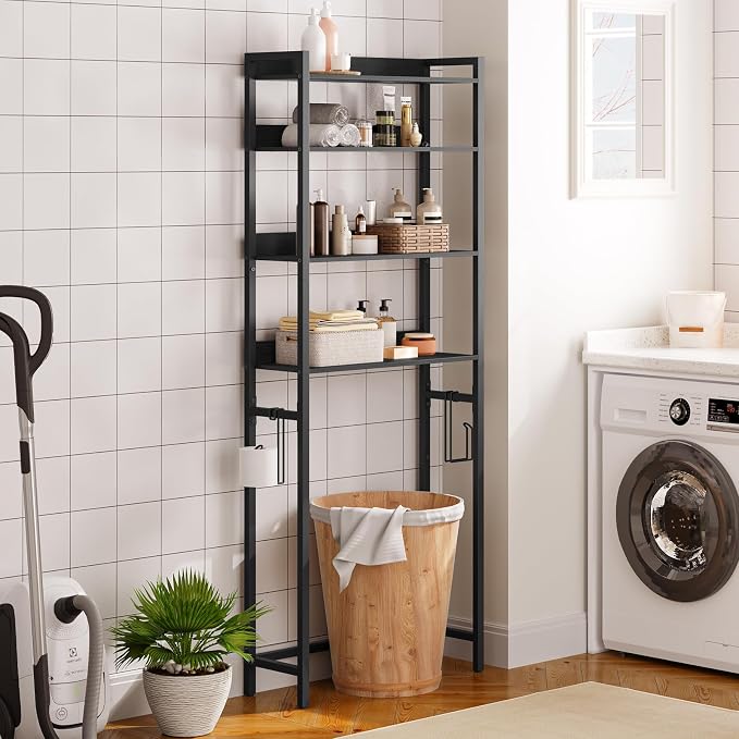 MAHANCRIS Over The Toilet Storage Rack, 4 Tier Bathroom Organizer Over Toilet, Freestanding Space Saver Toilet Stand with 2 Hooks, Bathroom Storage Shelf, Easy to Assemble, Black TSHB0401