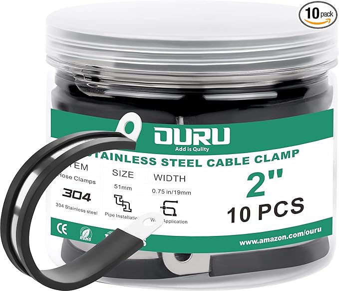 OURU 10pcs 2 Inch Stainless Steel Cable Clamps,Rubber Coated Cushioned Insulated Cable Clamp,Automotive Cable Wire Clamps,Pipe Clamps,Metal Clamp for Tube,Lines,Wire Cord Installation(Black,51mm)
