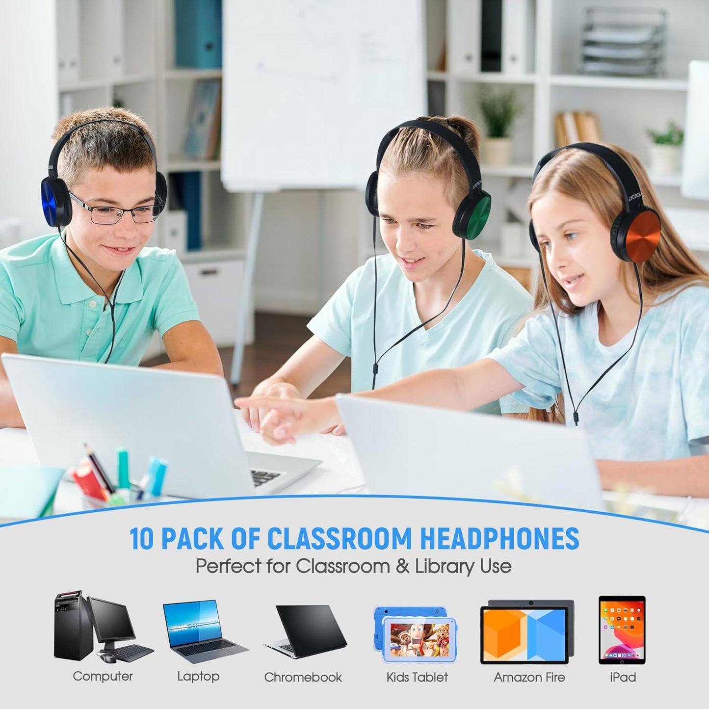 Skiennix Kids Headphones - Over-Ear Wired Design for Classroom Use | 10-Pack Multicolor Set